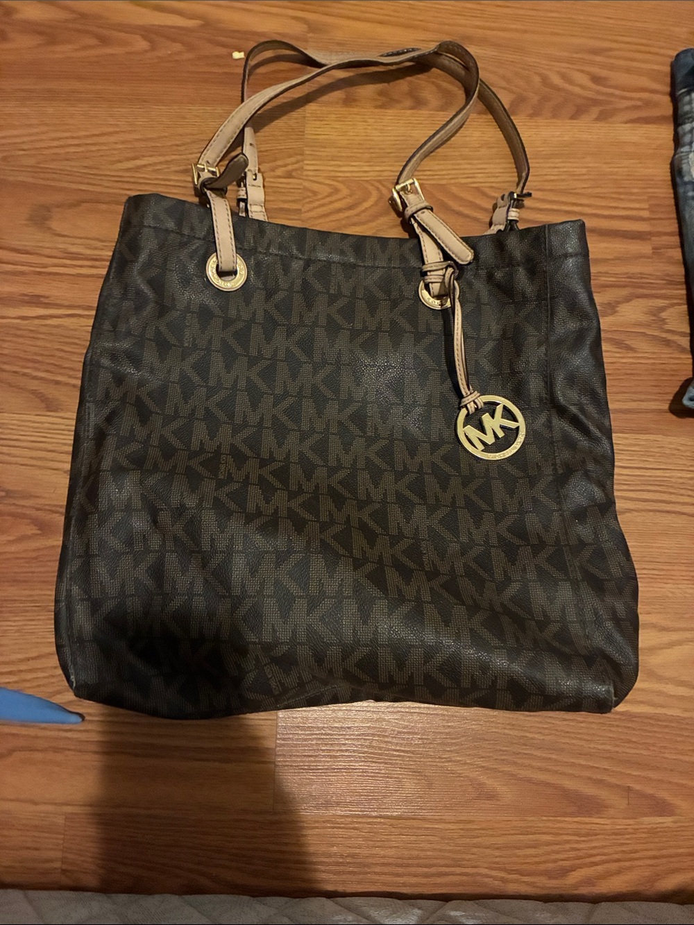 Michael Kors Dark Brown MK Logo Tote with Tan Straps
